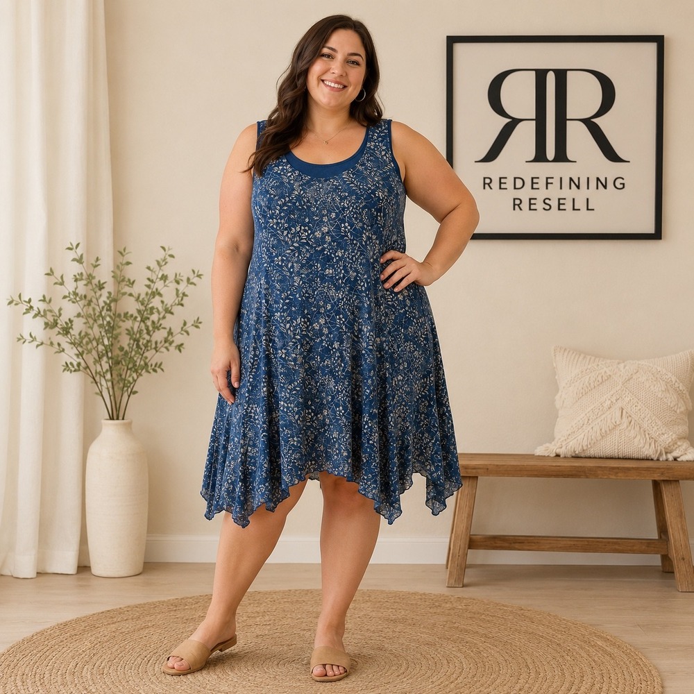 Lauren Ralph Lauren Blue Floral Cotton Handkerchief Hem Dress 3X Plus Size